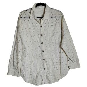 Maurices Cottagecore Eyelet Button Down Shirt Beige Cotton Boho Coastal Sz L